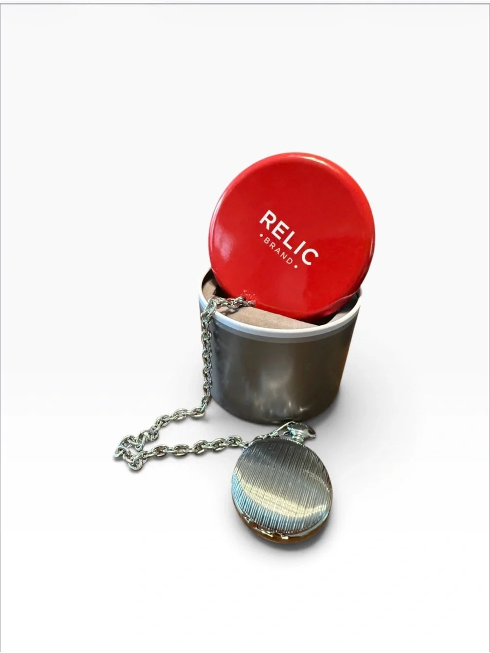 Relic by Fossil Men's Silver Skeleton Dial Pocket Watch with Chain & Tin